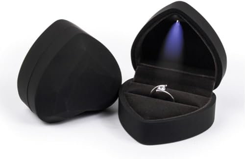 DELALO Ring Box Herzform mit LED - Licht - Elegante Ringschachtel mit Samt-Innenfutter und LED-Beleuchtung, 70x65x45 mm (Schwarz)