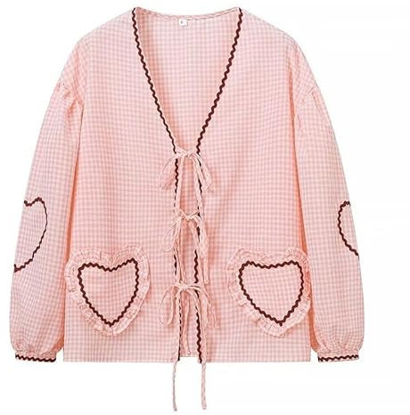 Haut péplum à volants pour femme Y2K - Joli chemisier vichy - Chemise à manches bouffantes Cottagecore, rose, Taille L