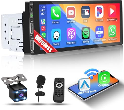 Inefala Pantalla Radio Coche 1 DIN con Carplay Inalámbrico y Android Auto, Pantalla Táctil de 6,9 Pulgadas con Bluetooth, Mirror Link, FM Radio/USB, Cámara de Visión Trasera