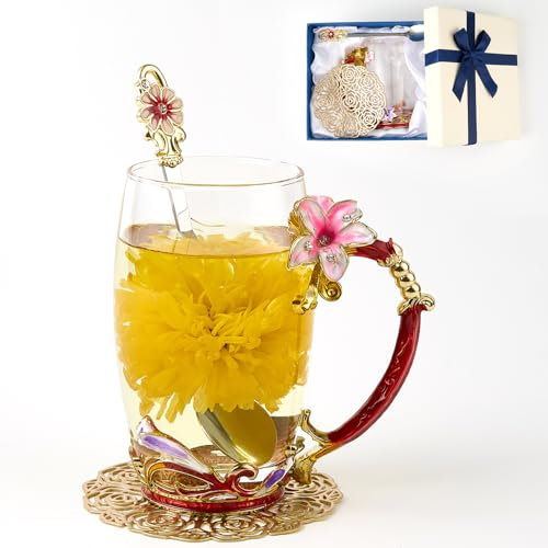 Flower Tea Cup, Lily Flower Clear Glass Fancy Coffee Mug with Spoon,Gift Box for Her Mom Wife Grandma Girls Friends Valentines Christmas Birthday Present Idea for Juice,Hot And Cold Drinks Use