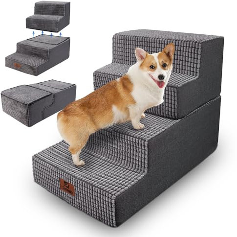 Sytopia Hundetreppe Große Hunde 4 Stufen Hoch, Hundetreppe für Bett Sofa 50cm, Haustiertreppe waschbar, hochdichter Schaumstoff, für verletzte ältere Hunde (45cm Höhe, Grau)