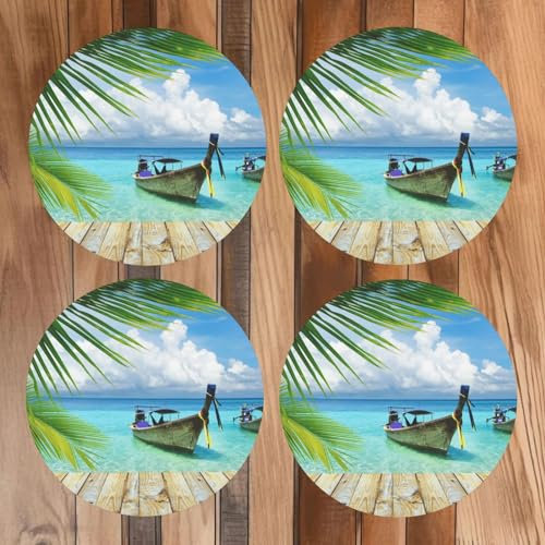 Lot de 4 dessous de verre en liège MDF en forme de bateau en bord de mer et feuilles de noix de coco absorbants et résistants à la chaleur pour la maison et le bureau - Dessous de verre ronds