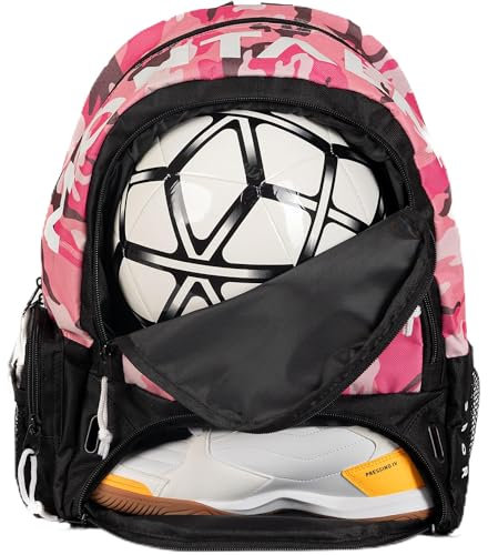 MONTALMO Zaino da Calcio Basket Volley Pallamano con Scomparto per Scarpe e Pallone Zaino Sportivo per Uomo, Donna, Bambino, Bambina (Rosa Mimetico)
