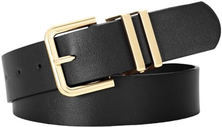 SUOSDEY Damen Ledergürtel für Jeanshosen, Modischer Damen Taillengürtel, Kleidergürtel mit goldener Schnalle 3.3cm Breite schwarz