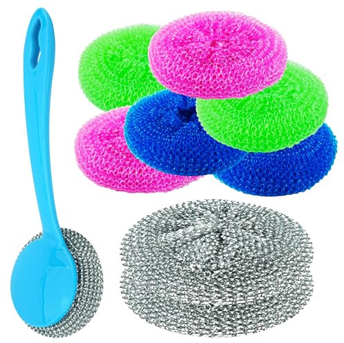 9Pcs Kitchen Cleaning Set – Includes Handle Scourer with Refills Non Scratch Polypropylene Scrubbers Steel Scourers for Pots Pans Grills Non Stick Cookware Multipurpose Use