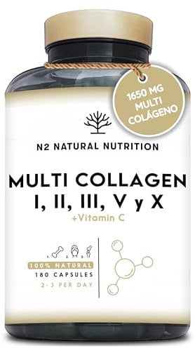 Multi Collagène Marin et Bovin 1650mg. 180 Gélules. Peptide de Collagene Hydrolysé Type 1, 2, 3, 5, 10. Complexe Collagene pour la Peau, Articulations et Cheveux + Vitamine C. N2 Natural Nutrition