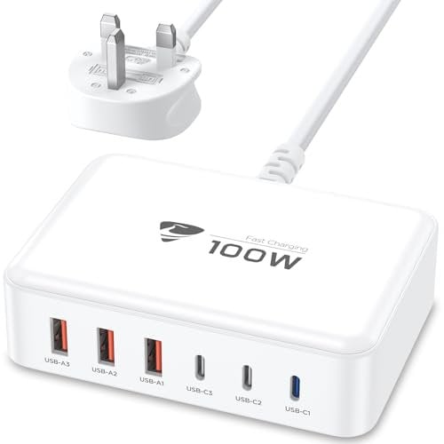 USB C Charger, USBC Plug UK Fast Charger 100W GaN 6-Port Type C Station Block, USB-C PD+QC USB A Wall Adapter Supply Multi Mains Charging Plug for iPhone 16 15 14 13 12 Pro Max,Samsung,iPad,1.5M Lead