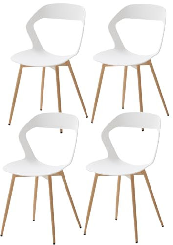 GrandCA HOME Juego de 4 sillas de Comedor, sillas de Cocina con Respaldo Hueco, Grano de Madera, Patas de Hierro y Metal (Blanco, 4)