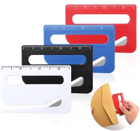 4St Briefumschlag Öffner, Verbessert Brieföffner Briefumschlagschneider Postöffner Werkzeug mit Skala & Spitzer Spitze & Lupe Paketöffner Schneider Geschenkpapierschneider (4 Farben)