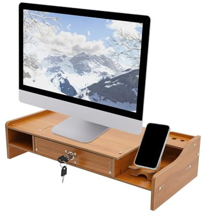 Yolancity Monitorständer Holz, Bildschirmerhöhung 48 x 20 x 10,5 cm, Monitor Erhöhung, mit Schubladen, Handyhalter, Schreibtisch Aufsatz für Computer Laptops Drucker