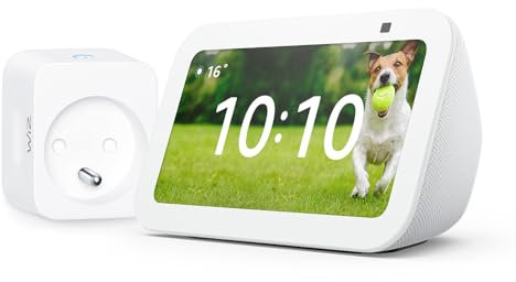 Echo Show 5 (3e génération) | Blanc + WiZ Prise Connectée, Fonctionne avec Alexa - Kit de démarrage Maison connectée
