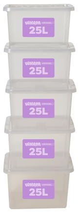 Wham Plastic Storage Boxes With Lids Home Office Stackable Nestable Container Box, 25L Easy fit Underbed Protective Storage Box, 42.5 x 33 x 25.5 cm - Tint Grey (Set of 5)