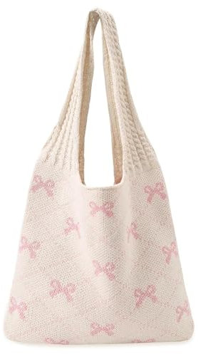 ZYEKIU Beige Häkeltasche mit Rosa Schleifen, Gehäkelte Tasche Leicht, Strandtasche Große Kapazität, Gehäkelte Tragetasche Tragbar, Tote Bag Aesthetic für Reisen Einkaufen Dating Strand (Beige)