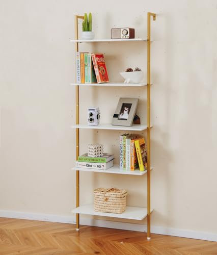 COSTWAY Scaffale a Scala a 5 Ripiani, Libreria da Parete Salvaspazio in Legno Moderno, Scaffale Portaoggetti per Soggiorno, Studio e Camera da Letto, 64 × 30 × 178 cm, Bianco