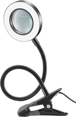 Comioke Lupenleuchte, Klemmlampe, Lupe mit Licht und Ständer, 3 Modi & 10 Dimmstufen, LED Leselampe Buch Klemme, Schwanenhals Klemmlampe mit 5X Lupe, für Lesen, Reisen, Schlafzimmer, Büro (Schwarz)
