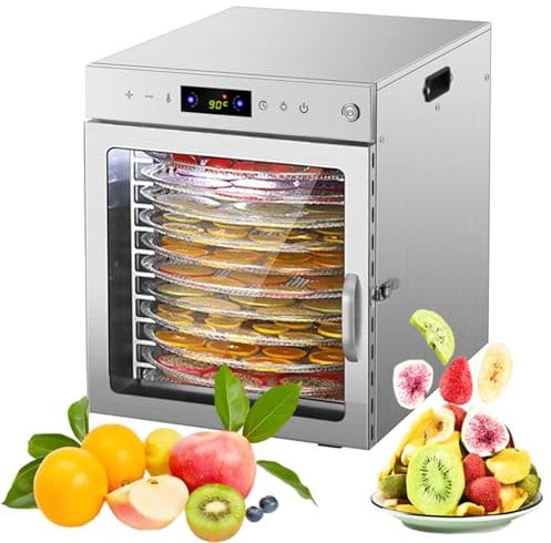 Deshidratador de alimentos giratorio 360°(10 bandejas extragrandes)Control de temperatura de 86 ℉ a 190 ℉ Ventilador doble de 800W Deshidratador para carne seca,frutas,hierbas,verduras(10 Large Stainl