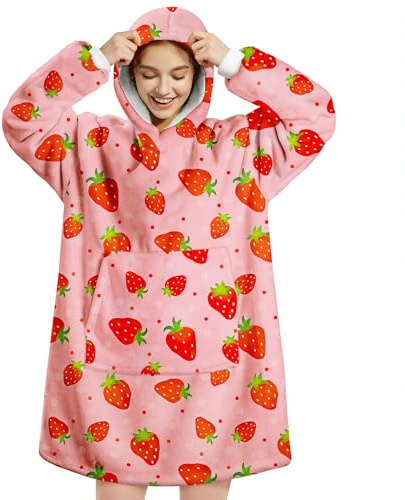 Queenshin Hoodie Decke Oversize Rosa Erdbeere mit Ärmeln Kuscheldecke Deckenpullover für Damen Herren, Tragbare Decke zum Anziehen Erwachsene, Übergroßer Hoodie Sweatshirt Sherpa Warm und Weich