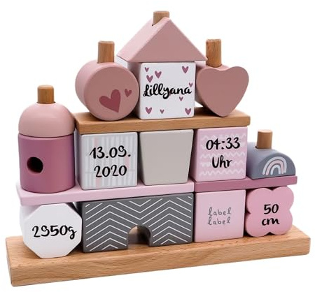 Mainely Personalisierbares Holz-Steckhaus Rosa – Steckformen & fördert Feinmotorik – für Babys ab 18 Monaten – mit Name & Geburtsdaten – Label Label