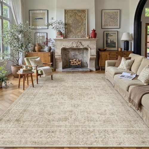 PureCozy Vintage Teppich Wohnzimmer 200x300cm Beige Waschbar Groß Teppiche | Retro Teppich,Waschbar,Rutschfest,Weich Kurzflor,für Schlafzimmer,Esszimmer,Büro Rug