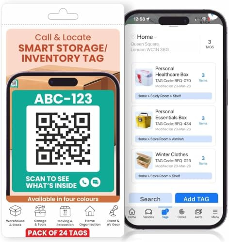 Letstrack QR Code Labels Pack of 24 - Smart Inventory Tags with Alexa Voice Search - Scannable Storage Stickers for Moving Boxes, Self Storage, Garage & Home Use | Free iOS & Android App | UK Brand
