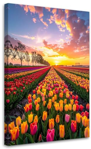 Feeby Wandbilder - Bilder Schlafzimmer - Tulpen Blumen Wiese Ansicht - 40x60 1tlg - Wohnzimmer Bild Groß - Wohnungs - Foto Geschenk - Leinwand Wall Art - Wand Deko