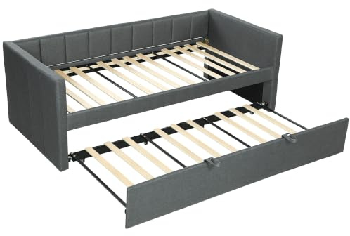 HOMCOM Struttura Letto Singolo 90x190 cm Letto Estraibile Grigio Scuro | Divano, Testiera Imbottita, Braccioli, Rete a Doghe in Pioppo, per Camera Soggiorno Ospiti, Senza Materasso