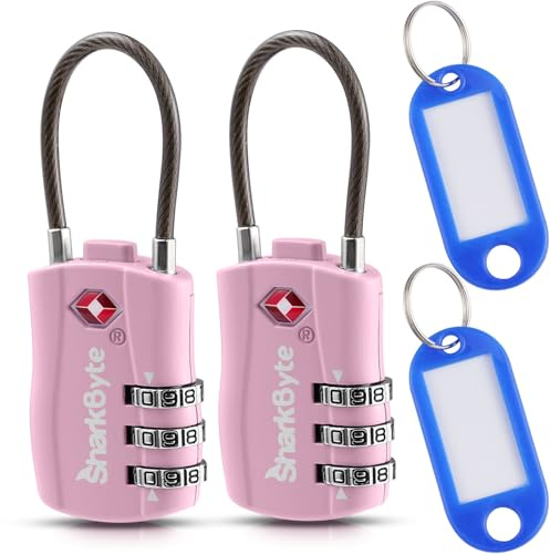SharkByte Slim TSA Approved Luggage Locks, 3-Dial Security Travel Combination Padlock with Tags, Flexible Cable Wire Travel Lock, Suitcase Locks, Bag, Gym Locker, Small Padlock with Code (2 Pack)