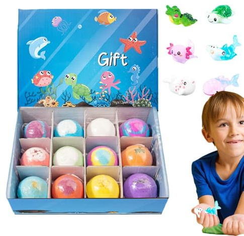12 Stück Badebomben Geschenk, Bio-Badekugeln For Kids With Surprise Inside, Natrual Und Organische Blase Bad Bomben, Salzball Für Land & Sea Toys, Geschenke Für Frauen,Schaumbad