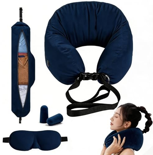 xolear Befüllbares Nackenkissen Aktualisierte Version Marineblau | Befüllbare Kleidungsreisekissen mit Augenmaske und Ohrstöpseln, Reise Nackenkissen für Auto und Flugreisen, Kein Füllstoff