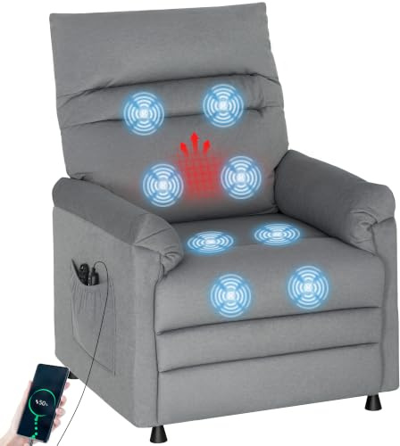 HOMCOM Relaxsessel Elektrisch Fernsehsessel mit Liegefunktion Heizung Grau | TV-Sessel, Memory-Funktion, Kratzfeste Samtoptik, Massagesessel mit 2 Fernbedienungen, USB-Anschluss, Leisem Motor