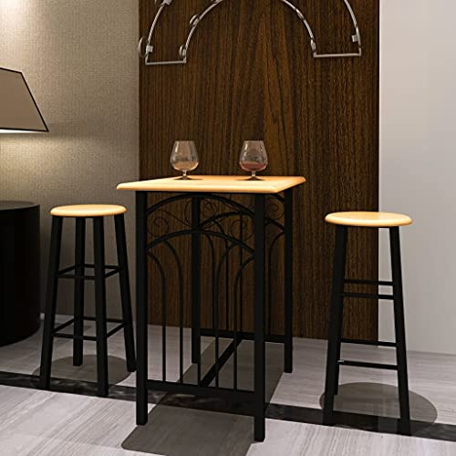 Bendmaxx Frühstücksbar Essgruppe mit Tisch und 2 Barhockern aus hellbraunem Holz und schwarzem Stahl, kompakte Sitzgruppe für Küche und Wohnzimmer, platzsparendes Möbelset mit Stabiler Tischgruppe