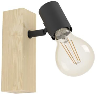 EGLO Wandlampe Townshend 3, 1 flammige Vintage Wandleuchte im Industrial Design, Retro Lampe aus Stahl und Holz, Farbe: Schwarz, braun, Fassung: E27