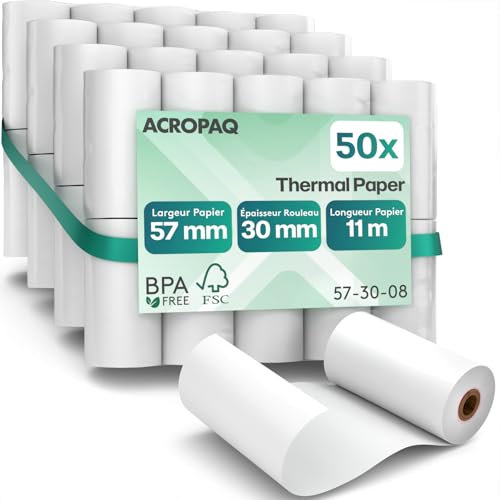 ACROPAQ - 50 x Rouleau carte bancaire - 57 mm x 30 mm x 11,4 m, Rouleaux de papier thermique de qualité supérieure, Sans BPA, Pour les terminaux de paiement mobiles - Papier tpe, Rouleaux CB thermique