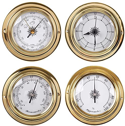 YANYUESHOP Tragbares Wetterstations-Set, 4-teiliges Messinggehäuse, Wand-Desktop-Barometer, Thermometer, Hygrometer, Uhrenzähler-Kit, Zubehör für Boote, Marinewerkzeuge, 3,8 Zoll