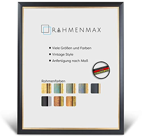 RahmenMax® Elsass Bilderrahmen 33x46 cm zum Aufhängen/Vintage Bilderrahmen Maßanfertigung möglich/Posterrahmen aus Holz/Bilder Rahmen in Schwarz-Gold mit Acrylglas/Puzzle Rahmen