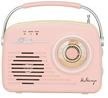 Halterrego Radio rétro, AM/FM, Lecteur USB/Carte SD, aux in/Prise Casque, Fonctionne sur Pile (Non Incluse) ou câble d'alim (Inclus), Rose