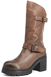 QUEEN HELENA Stivali Biker di Pelle Stivaletti con Tacco Plateau Zip Laterale Donna QH22L267 (Marrone, Numeric_38)