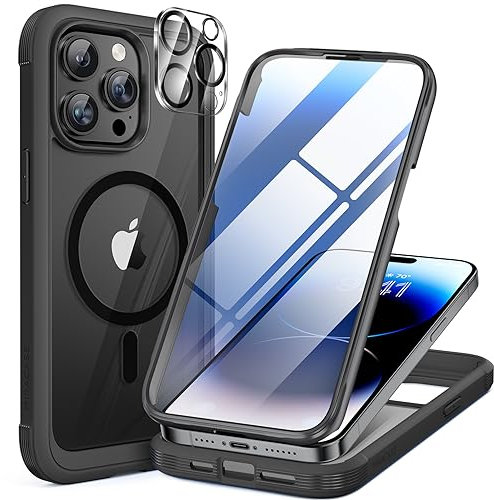 Miracase Magnetic Case for iPhone 15 Pro Case 6.1-Inch, Full Body Bumper Case Compatible with MagSafe and Built-in 9H Tempered Glass Screen Protector + Camera Lens Protector (Black)