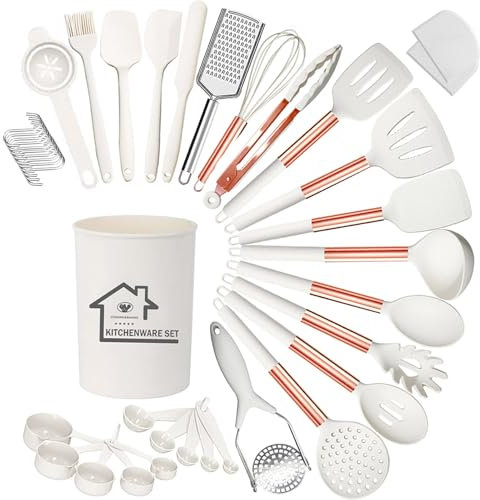 UXIYI Silicone Kitchen Utensils Set, White Cooking Utensil Set with Potato Masher, Non Stick & Heat Resistant Kitchen Tools with Rose Gold Stainless Steel Handle, 40PCS