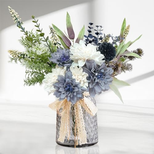Aoztio Blue Artificial Flowers in Grey Vase, Fake Plants for Farmhouse Decor, Coffee Table, Home Dining Table Centerpieces - Blue White