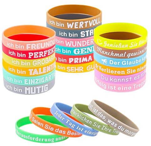 WEDAMOO 23 Stück Motivationsarmbänder auf Deutsch, Motivationsarmbänder Kinder, Inspirierenden Sprüchen Silikon Armbänder, Mutmacher Geschenke Party Mitgebsel für Kinder Teenager Kollege