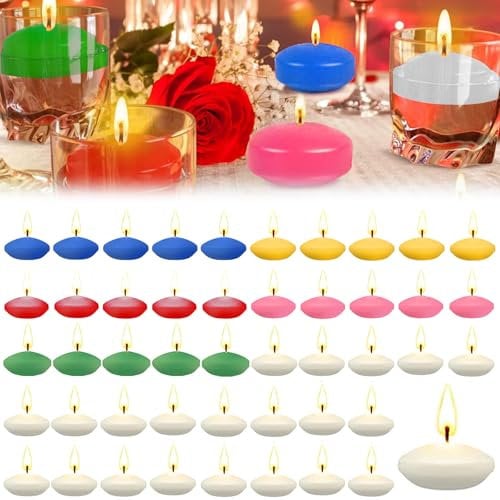 Hengrongshen 50 Stück Schwimmkerzen Bunt, 3.5 cm Schwimmkerze Duftlose, Rauchfrei & Tropffreie, Wasserkerzen für Valentinstag, Erntedankfest, Hochzeit, Urlaub, Partys & Heimdekoration (Bunt)