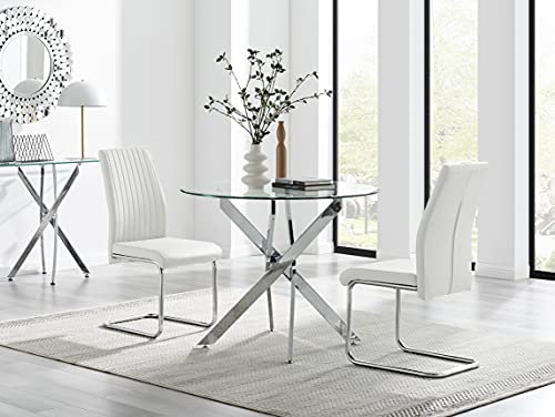Moderno juego de mesa de comedor de cristal con 2 sillas de piel sintética blanca, mesa redonda de 100 cm con patas cromadas