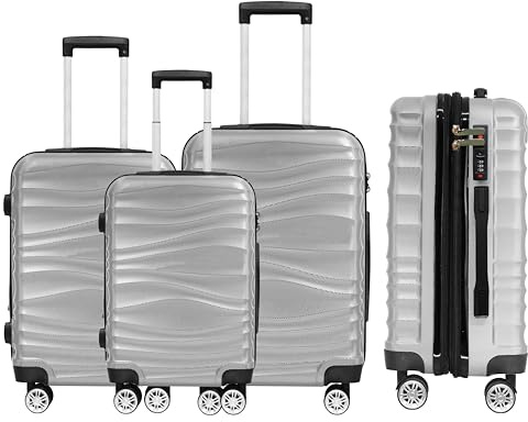 DMS Koffer Kofferset 3-teilig mit Rollen & Zahlenschloss – Hartschalenkoffer aus ABS – Trolley Set leicht & robust – ineinander stapelbar – Schwarz, Rosa, Silber oder Blau (Silber)