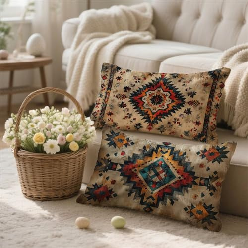 Kissenbezug 50x80cm Boho kopfkissenbezug 2er Set Sofakissen Kelim Muster Dekokissen Leinen Rechteckig Couchkissen mit Unsichtbarer Reißverschluss Design Zierkissen für Herbst Deko Geschenke t-571