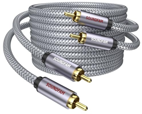 SOUNDFAM RCA Cable, 8m, Grey | Phono Cable, 24K Gold Plated, 2xRCA to 2xRCA Male-to-Male, For Home Theater, HDTV, Amplifiers, Subwoofer, Hi-Fi Systems