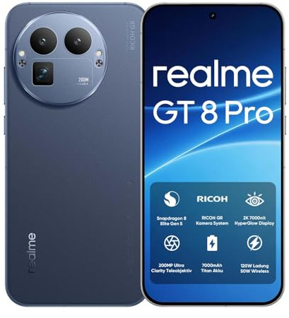 realme GT 8 Pro Smartphone 5G Snapdragon 8 Elite Gen 5, 16GB+512GB, 6.79 QHD+ 144Hz AMOLED, Batteria 7000mAh & 120W SuperVOOC/50W Wireless, 200MP Teleobiettivo + 50MP IMX906 + 50MP Grandangolo, Blue