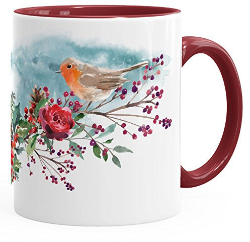 Kaffee-Tasse Vogel Rotkehlchen Blumen Misteln Watercolor Bird Weihnachten Christmas Autiga® bordeauxrot unisize
