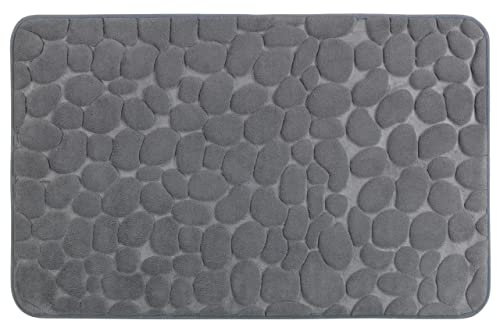 WENKO Badematte Memory, rutschhemmend, Flauschiger Badteppich in Grau mit Kieselstein-Optik für Badezimmer und Gäste-WC, dekorative hochflorige, schwere Oberfläche aus 100% Polyester, 50 x 80 cm
