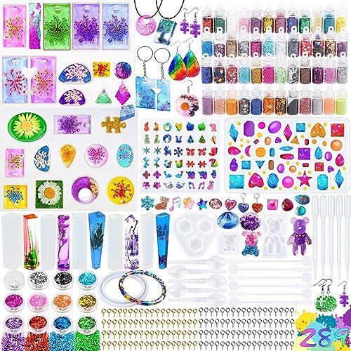 MUOIVG 289 Piezas Silicona - Moldes de Resina Epoxi para Manualidades - Kit con 60 Polvo de Purpurina y Accesorios para Hacer Colgante, Llavero, Joyería, DIY